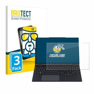 Vorderseite einer Produktverpackung mit dem Markenlogo BROTECT. Daneben ist das Gerät Tuxedo InfinityBook Pro 15 Gen 9 mit dem