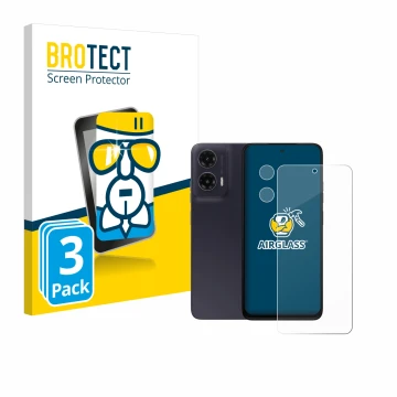 Vorderseite einer Produktverpackung mit dem Markenlogo BROTECT. Daneben ist das Gerät Motorola Moto G35 (Display+Kamera) mit d