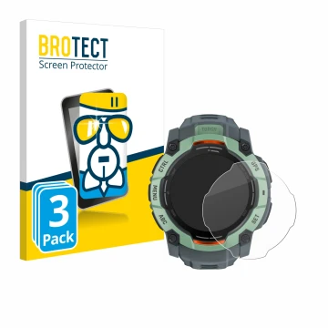 Vorderseite einer Produktverpackung mit dem Markenlogo BROTECT. Daneben ist das Gerät Garmin Instinct 3 AMOLED (50 mm) mit dem
