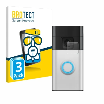 Vorderseite einer Produktverpackung mit dem Markenlogo BROTECT. Daneben ist das Gerät Ring Battery Video Doorbell mit dem zuge