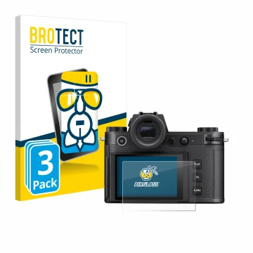 Vorderseite einer Produktverpackung mit dem Markenlogo BROTECT. Daneben ist das Gerät Leica SL3-S mit dem zugehörigen Displays