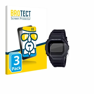 Vorderseite einer Produktverpackung mit dem Markenlogo BROTECT. Daneben ist das Gerät Casio G-Shock DW-5600RL-1 mit dem zugehö