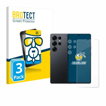 Vorderseite einer Produktverpackung mit dem Markenlogo BROTECT. Daneben ist das Gerät Samsung Galaxy S25 Ultra (Display+Kamera