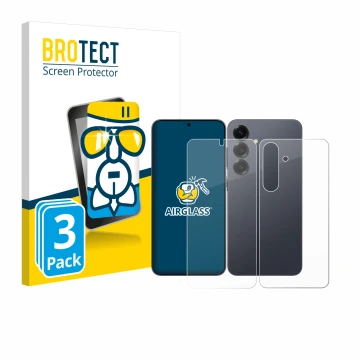 Vorderseite einer Produktverpackung mit dem Markenlogo BROTECT. Daneben ist das Gerät Samsung Galaxy S25 (Display+Rückseite) m