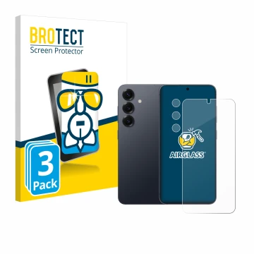 Vorderseite einer Produktverpackung mit dem Markenlogo BROTECT. Daneben ist das Gerät Samsung Galaxy S25 Plus (Display+Kamera)