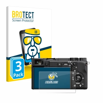 Vorderseite einer Produktverpackung mit dem Markenlogo BROTECT. Daneben ist das Gerät Sony Alpha 6100A mit dem zugehörigen Dis