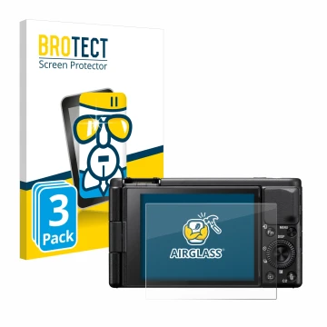 Vorderseite einer Produktverpackung mit dem Markenlogo BROTECT. Daneben ist das Gerät Sony ZV-1A mit dem zugehörigen Displaysc