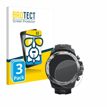 Vorderseite einer Produktverpackung mit dem Markenlogo BROTECT. Daneben ist das Gerät Xiaomi Mibro GS Explorer mit dem zugehör