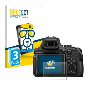 Vorderseite einer Produktverpackung mit dem Markenlogo BROTECT. Daneben ist das Gerät Nikon Coolpix P1100 mit dem zugehörigen 