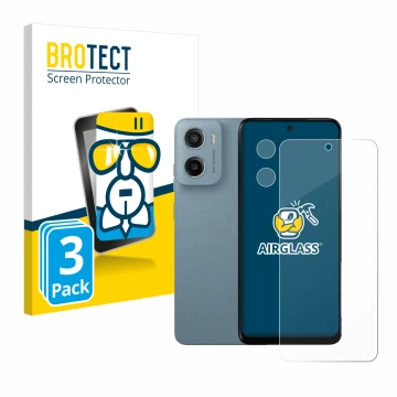 Vorderseite einer Produktverpackung mit dem Markenlogo BROTECT. Daneben ist das Gerät Motorola Moto E15 (Display+Kamera) mit d