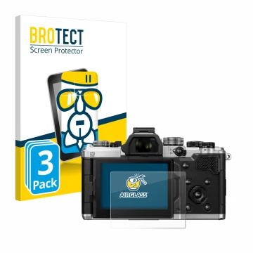 Vorderseite einer Produktverpackung mit dem Markenlogo BROTECT. Daneben ist das Gerät OM System OM-3 mit dem zugehörigen Displ