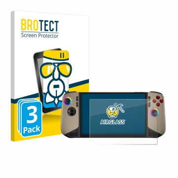 Vorderseite einer Produktverpackung mit dem Markenlogo BROTECT. Daneben ist das Gerät MSI Claw 8 AI+ mit dem zugehörigen Displ