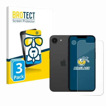 Vorderseite einer Produktverpackung mit dem Markenlogo BROTECT. Daneben ist das Gerät Apple iPhone 16e (Display+Kamera) mit de