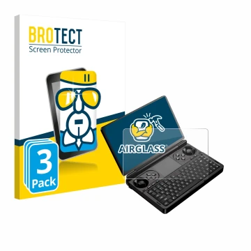 Vorderseite einer Produktverpackung mit dem Markenlogo BROTECT. Daneben ist das Gerät GPD Win Mini (2025) mit dem zugehörigen 