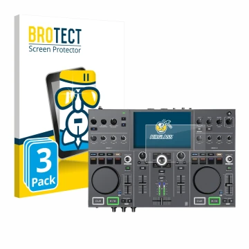 Vorderseite einer Produktverpackung mit dem Markenlogo BROTECT. Daneben ist das Gerät Denon DJ Prime Go+ mit dem zugehörigen D