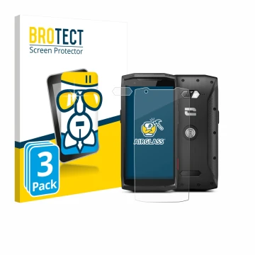 Vorderseite einer Produktverpackung mit dem Markenlogo BROTECT. Daneben ist das Gerät Crosscall Core-M5 (Display+Kamera) mit d