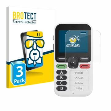 Vorderseite einer Produktverpackung mit dem Markenlogo BROTECT. Daneben ist das Gerät Doro Leva X10 mit dem zugehörigen Displa