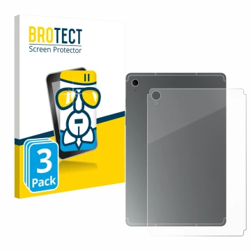 Vorderseite einer Produktverpackung mit dem Markenlogo BROTECT. Daneben ist das Gerät Samsung Galaxy Tab S10 FE (Rückseite) mi