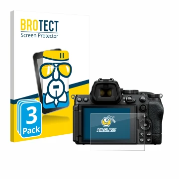 Vorderseite einer Produktverpackung mit dem Markenlogo BROTECT. Daneben ist das Gerät Nikon Z5 II mit dem zugehörigen Displays