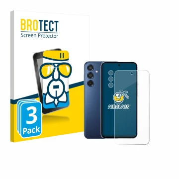 Vorderseite einer Produktverpackung mit dem Markenlogo BROTECT. Daneben ist das Gerät Samsung Galaxy M35 (Display+Kamera) mit 