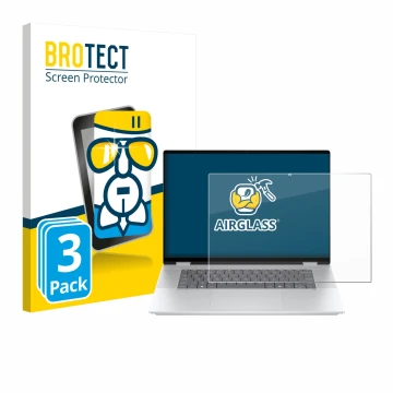 Vorderseite einer Produktverpackung mit dem Markenlogo BROTECT. Daneben ist das Gerät HP OmniBook X Flip 16-aX mit dem zugehör