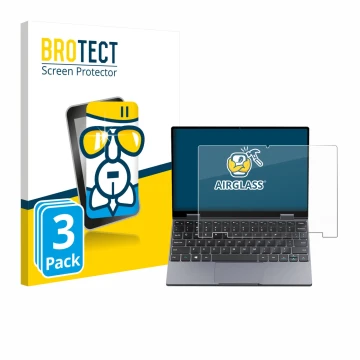 Vorderseite einer Produktverpackung mit dem Markenlogo BROTECT. Daneben ist das Gerät Chuwi MiniBook X N150 mit dem zugehörige