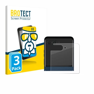 Vorderseite einer Produktverpackung mit dem Markenlogo BROTECT. Daneben ist das Gerät Motorola Razr 60 (Hinteres Display) mit 