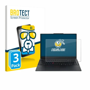 Vorderseite einer Produktverpackung mit dem Markenlogo BROTECT. Daneben ist das Gerät Lenovo ThinkPad E16 Gen 3 mit dem zugehö