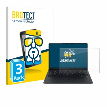 Vorderseite einer Produktverpackung mit dem Markenlogo BROTECT. Daneben ist das Gerät Lenovo ThinkPad E14 Gen 7 mit dem zugehö