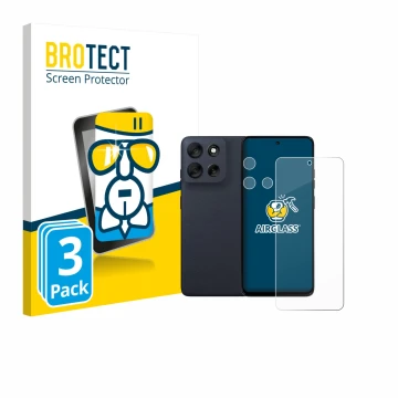 Vorderseite einer Produktverpackung mit dem Markenlogo BROTECT. Daneben ist das Gerät Motorola Moto G56 (Display+Kamera) mit d