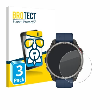 Vorderseite einer Produktverpackung mit dem Markenlogo BROTECT. Daneben ist das Gerät Garmin quatix 8 (47 mm) mit dem zugehöri