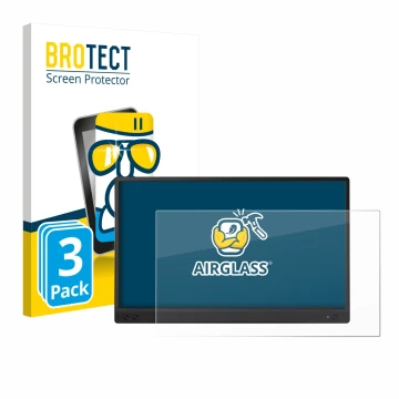 Vorderseite einer Produktverpackung mit dem Markenlogo BROTECT. Daneben ist das Gerät ASUS ZenScreen MB166C mit dem zugehörige