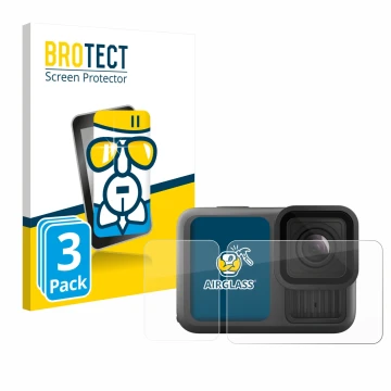 Vorderseite einer Produktverpackung mit dem Markenlogo BROTECT. Daneben ist das Gerät GoPro Hero 13 Black Creator Edition mit 