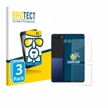 Vorderseite einer Produktverpackung mit dem Markenlogo BROTECT. Daneben ist das Gerät Samsung Galaxy Z Flip 7 (Display+Kamera)