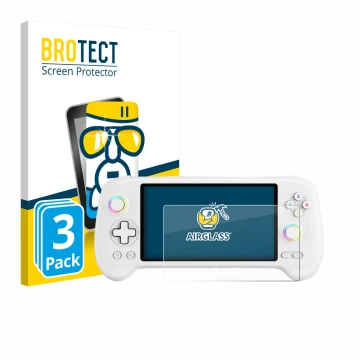 Vorderseite einer Produktverpackung mit dem Markenlogo BROTECT. Daneben ist das Gerät Anbernic RG556 mit dem zugehörigen Displ
