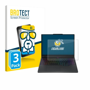 Vorderseite einer Produktverpackung mit dem Markenlogo BROTECT. Daneben ist das Gerät Lenovo Legion 5 15IRX10 83LY mit dem zug