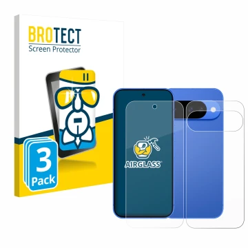 Vorderseite einer Produktverpackung mit dem Markenlogo BROTECT. Daneben ist das Gerät Google Pixel 10 (Display+Rückseite) mit 