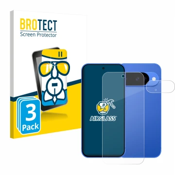 Vorderseite einer Produktverpackung mit dem Markenlogo BROTECT. Daneben ist das Gerät Google Pixel 10 (Display+Kamera) mit dem