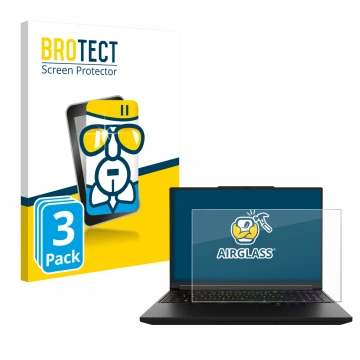 Vorderseite einer Produktverpackung mit dem Markenlogo BROTECT. Daneben ist das Gerät XMG Pro 16 mit dem zugehörigen Displaysc