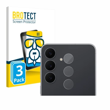 Vorderseite einer Produktverpackung mit dem Markenlogo BROTECT. Daneben ist das Gerät Samsung Galaxy S25 FE (NUR Kameraschutz)