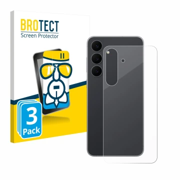 Vorderseite einer Produktverpackung mit dem Markenlogo BROTECT. Daneben ist das Gerät Samsung Galaxy S25 FE (Rückseite) mit de