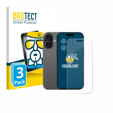 Vorderseite einer Produktverpackung mit dem Markenlogo BROTECT. Daneben ist das Gerät Apple iPhone 17 (Display+Kamera) mit dem