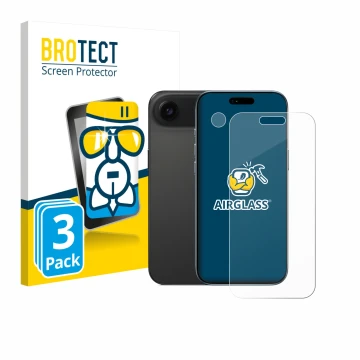 Vorderseite einer Produktverpackung mit dem Markenlogo BROTECT. Daneben ist das Gerät Apple iPhone Air (Display+Kamera) mit de