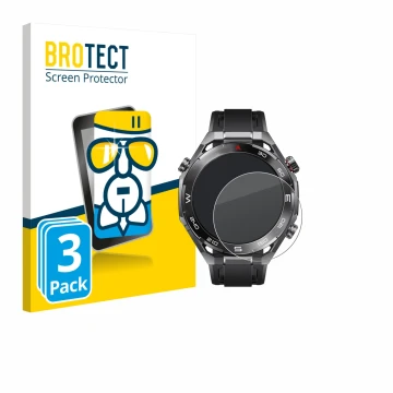 Vorderseite einer Produktverpackung mit dem Markenlogo BROTECT. Daneben ist das Gerät Huawei Watch Ultimate 2 Black mit dem zu