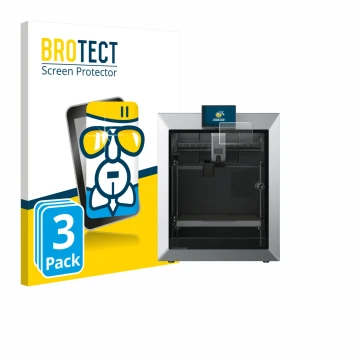 Vorderseite einer Produktverpackung mit dem Markenlogo BROTECT. Daneben ist das Gerät Qidi Tech Q2 mit dem zugehörigen Display