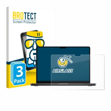 Vorderseite einer Produktverpackung mit dem Markenlogo BROTECT. Daneben ist das Gerät Apple MacBook Pro 14