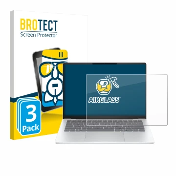 Vorderseite einer Produktverpackung mit dem Markenlogo BROTECT. Daneben ist das Gerät HP OmniBook 5 14 mit dem zugehörigen Dis