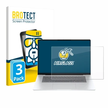 Vorderseite einer Produktverpackung mit dem Markenlogo BROTECT. Daneben ist das Gerät HP OmniBook 5 16 mit dem zugehörigen Dis