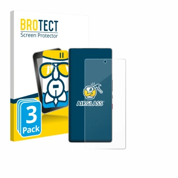 Vorderseite einer Produktverpackung mit dem Markenlogo BROTECT. Daneben ist das Gerät ZTE Nubia Red Magic 11 Pro+ mit dem zuge