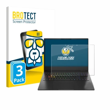 Vorderseite einer Produktverpackung mit dem Markenlogo BROTECT. Daneben ist das Gerät HP Omen Transcend 16-u1000nl mit dem zug